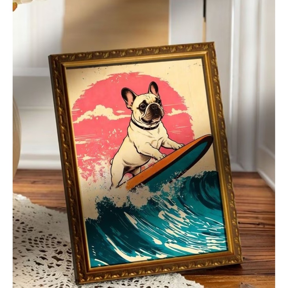 French Bulldog Surfing Miniature Framed Fridge Magnet Gold Retro Frenchie Dog